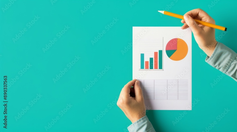 Businessperson analyzing a chart on a turquoise background. Businessperson analyzing a chart on a turquoise background.
