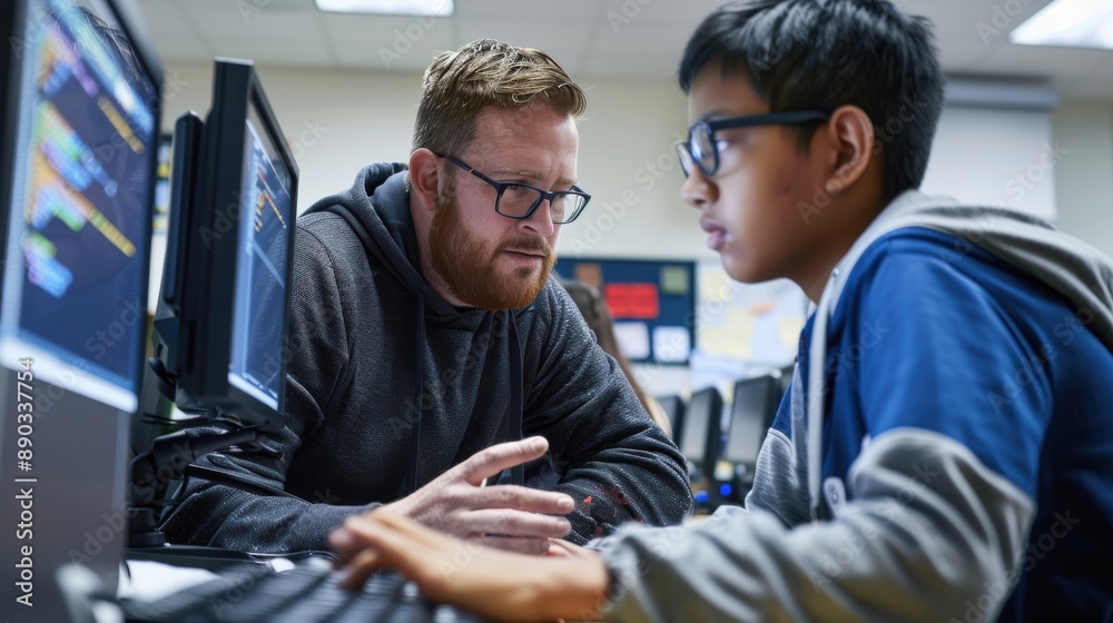 Fototapeta premium Dedicated Teacher Assisting Student with Complex Coding Project in High-Tech Computer Lab