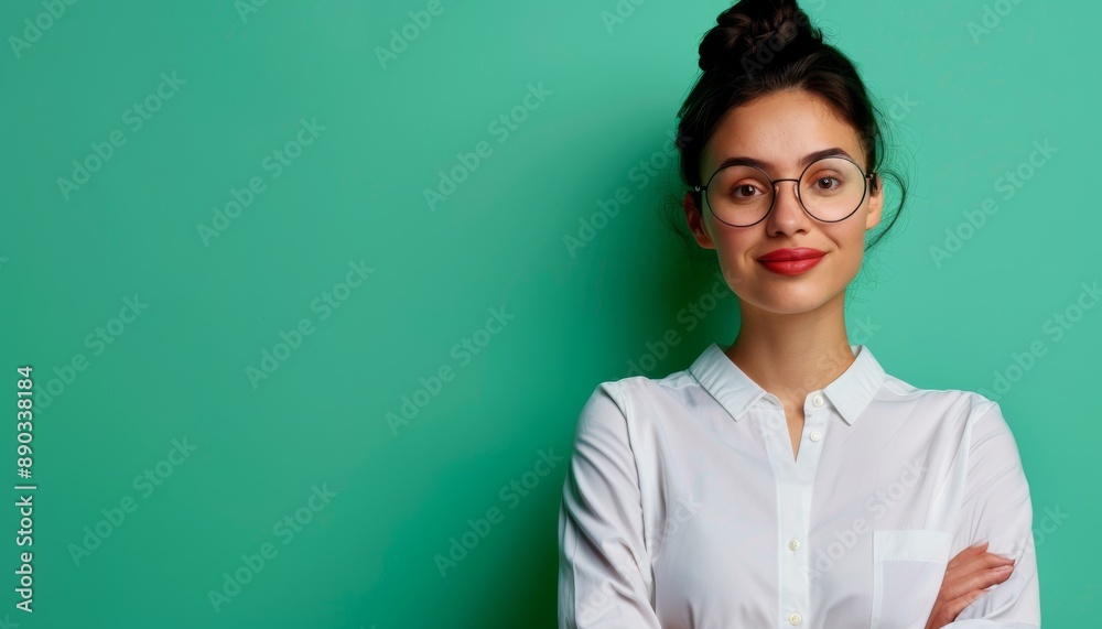 Confident Woman in White Shirt and Glasses on Green Background