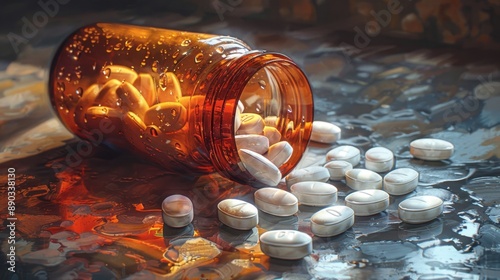 a jar with scattered medical pills photo