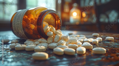 a jar with scattered medical pills photo