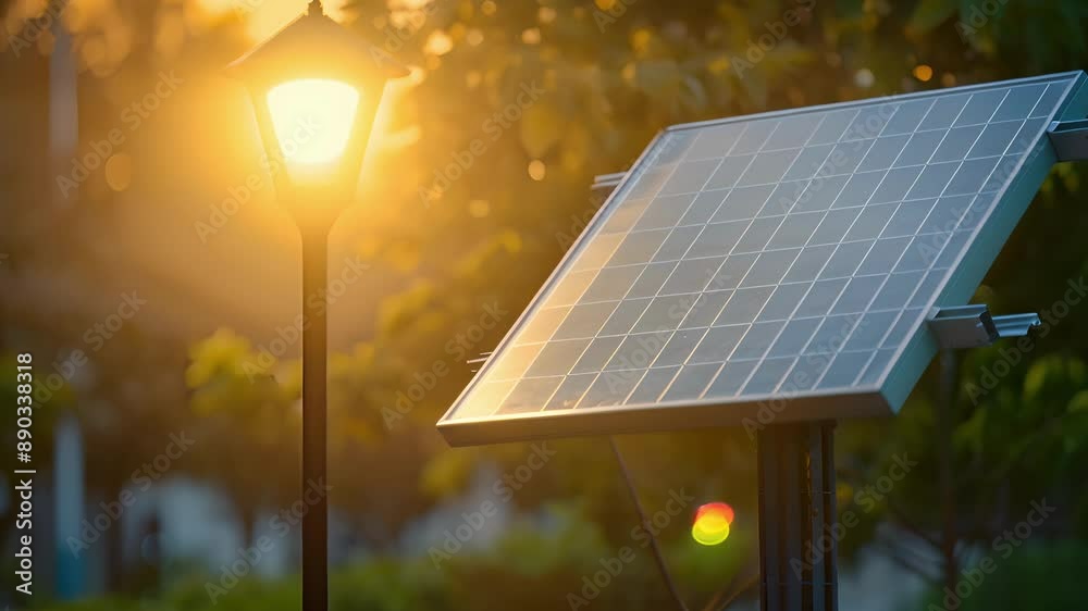 A closeup of a solar panel absorbing the bright rays of sunshine to power the streetlight.