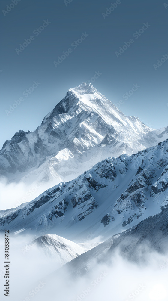 Fototapeta premium White snowcapped mountain peak with clear sky - minimal winter adventure background