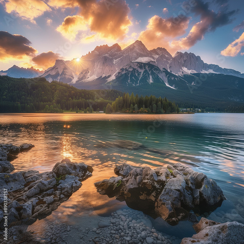 Impressive summer sunrise on Eibsee lake with Zugspitze mountain range. Sunny outdoor scene in German Alps, Bavaria, Germany, Europe. Beauty of nature concept background
