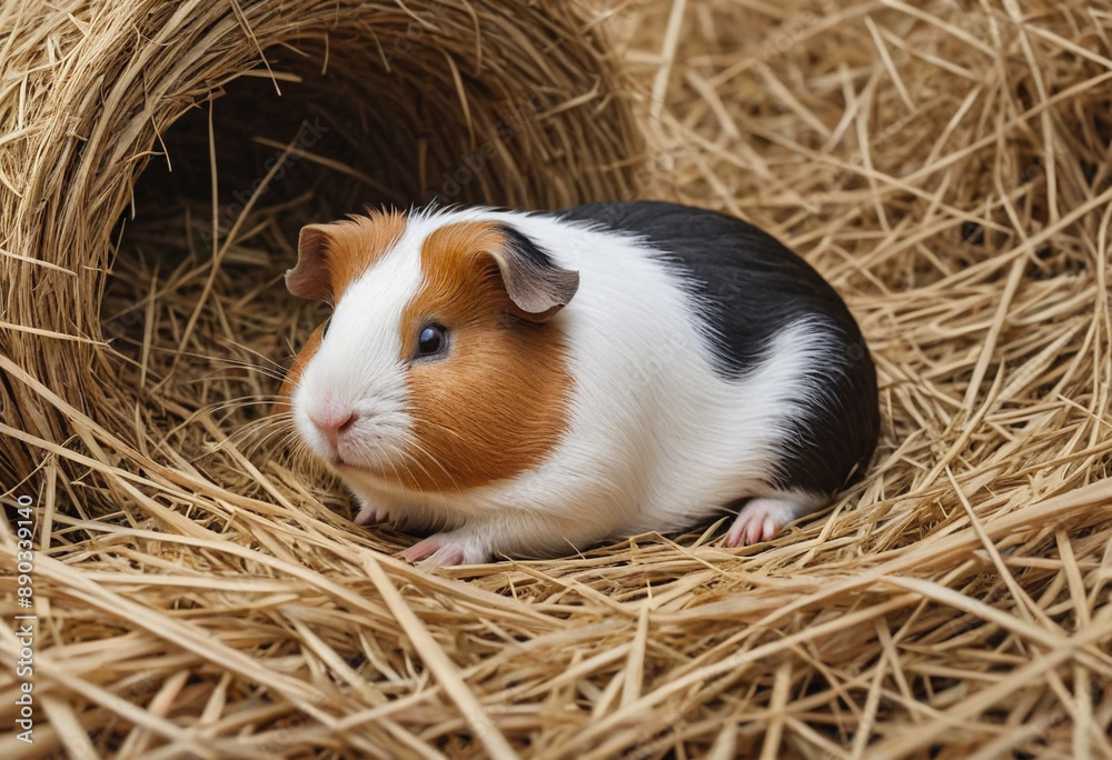 A cuddly guinea pig sleeping peacefully in a hay pile. A cuddly guinea pig sleeping peacefully in a hay pile.