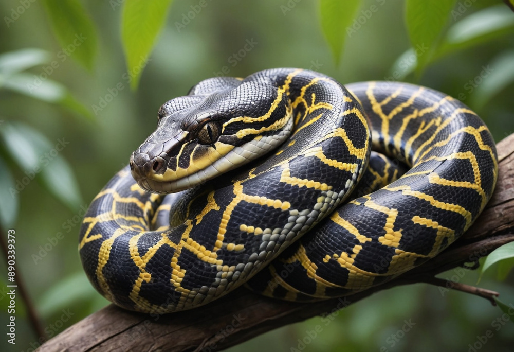 A majestic python coiled around a branch. A majestic python coiled around a branch.