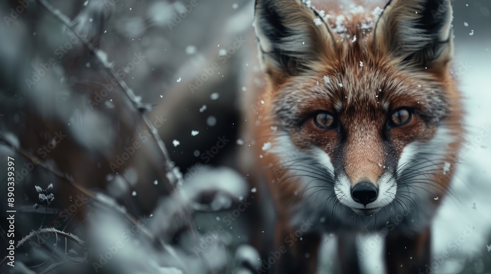 Fototapeta premium A fox is seen among the falling snow, with a portion of the image blurred. The wintry background adds texture and depth, creating an enigmatic scene.