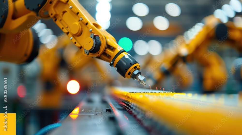 This image captures multiple yellow robotic arms in action on an assembly line in a modern factory, showcasing technological advancements in automation and precision manufacturing. This image captures multiple yellow robotic arms in action on an assembly line in a modern factory, showcasing technological advancements in automation and precision manufacturing.