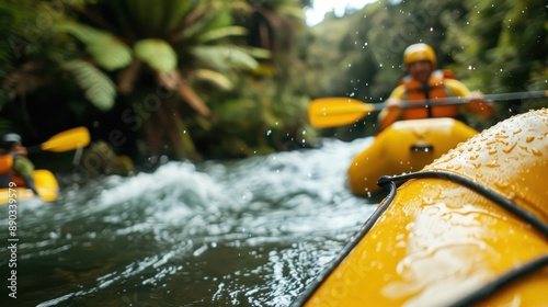 Fototapeta Naklejka Na Ścianę i Meble -  A group of adventurers is enjoying a rafting experience in a jungle setting, navigating their yellow rafts through winding waterways as water splashes up around them energetically.