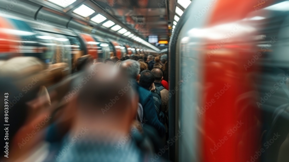 A busy subway station filled with passengers and commuters. Motion blur effect on the trains indicates the hustle and bustle of city commuting life. A busy subway station filled with passengers and commuters. Motion blur effect on the trains indicates the hustle and bustle of city commuting life.
