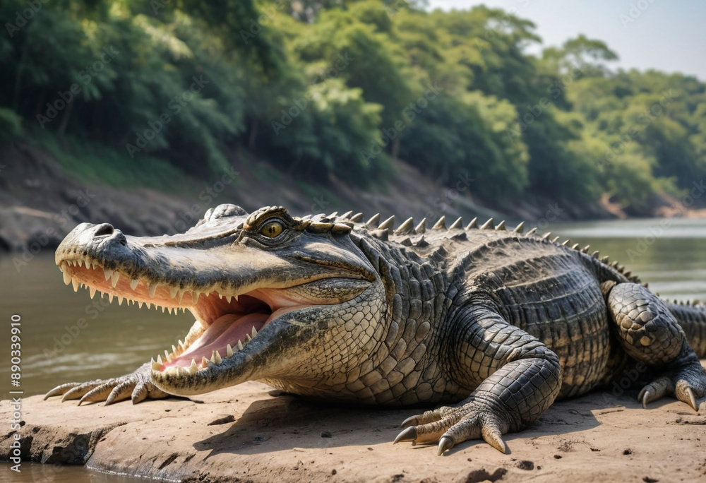 A majestic crocodile basking on a riverbank. A majestic crocodile basking on a riverbank.