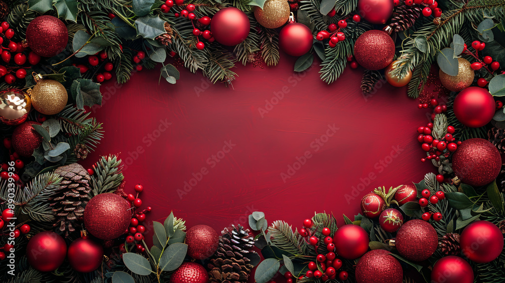 Frame of Christmas balls pine cones and lush fir branches on a red background Frame of Christmas balls pine cones and lush fir branches on a red background
