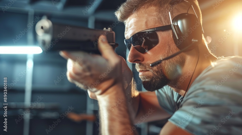 Caucasian man aiming handgun with tactical headset in shooting range. Concept of firearm training, self-defense, tactical gear, shooting practice Caucasian man aiming handgun with tactical headset in shooting range. Concept of firearm training, self-defense, tactical gear, shooting practice