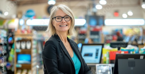 Caucasian woman shop assistant in glasses and blazer smiling in electronics store. Concept of customer service, retail, shopping, technology assistance