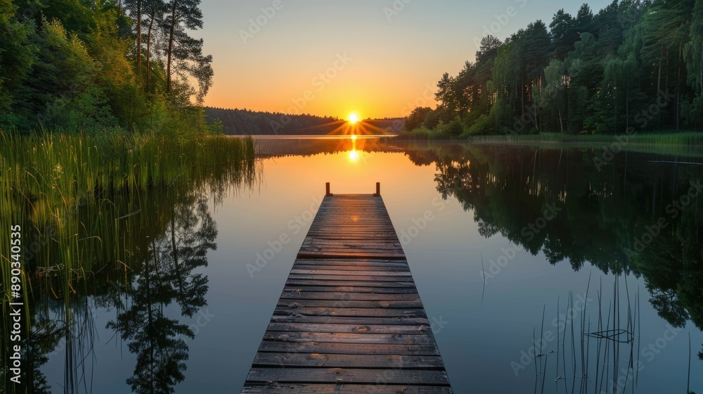 Fototapeta premium A wooden bridge spans a body of water, with the sun setting in the background