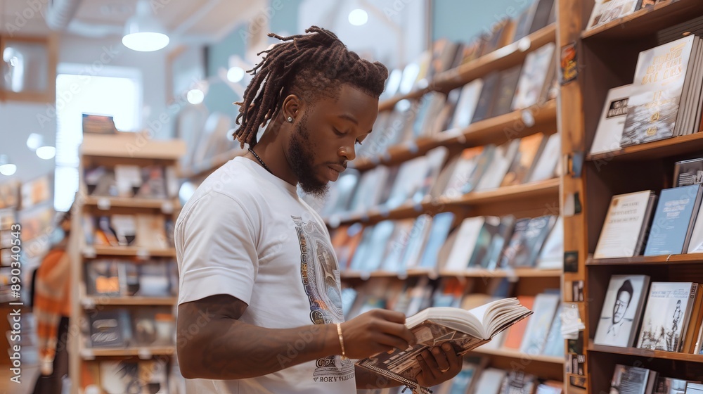 Obraz premium African American male reading book in bookstore. Concept of literature, education, learning, book lover