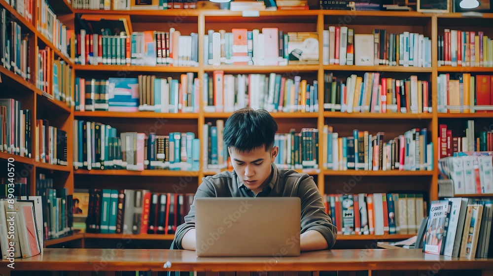 Asian Male Student Studying in Library, Concept of Education, Academic Research, College Life Asian Male Student Studying in Library, Concept of Education, Academic Research, College Life