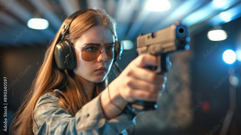 Young Caucasian woman in a shooting range wearing ear protection and safety glasses while holding a handgun. Concept of firearm training, target practice, shooting sports, self-defense