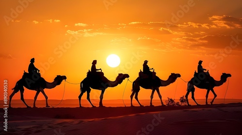 silhouette of people ride camels in the desert sunset view