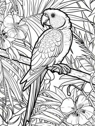 Parrot perched on a branch surrounded by tropical flowers and leaves coloring book page for kids and adults