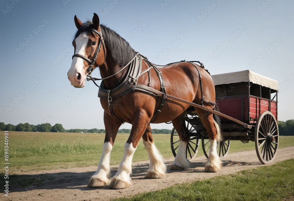 A majestic Clydesdale horse pulling a wagon. A majestic Clydesdale horse pulling a wagon.