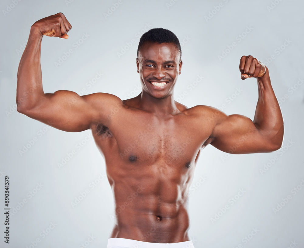 Flexing, arms and black man with portrait in studio with fitness for muscle growth, strong body or power. Athlete, happy and topless with abs strength, underwear or wellness on gray background mockup Flexing, arms and black man with portrait in studio with fitness for muscle growth, strong body or power. Athlete, happy and topless with abs strength, underwear or wellness on gray background mockup