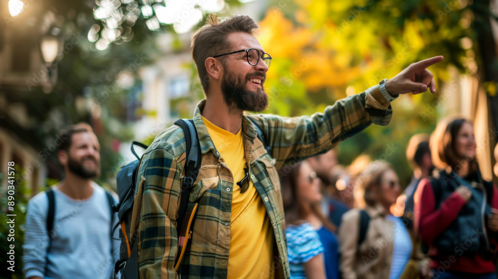 A young man gives a tour and shows the sights. A happy man points with his hand and leads a group of tourists. The concept of excursions, travel, tourism.