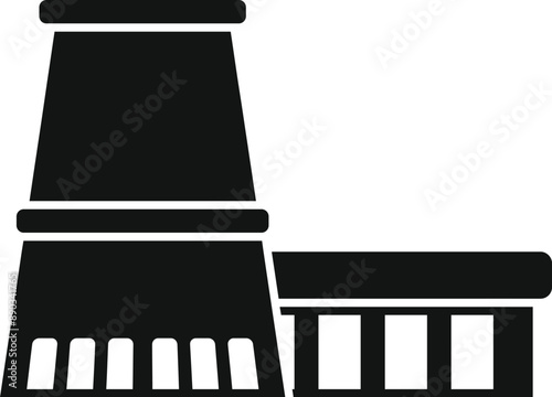 Simple icon representing a factory building with pipes, producing smoke and pollution
