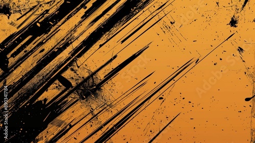 Abstract Grunge Texture Background with Distressed Black Streaks on Orange