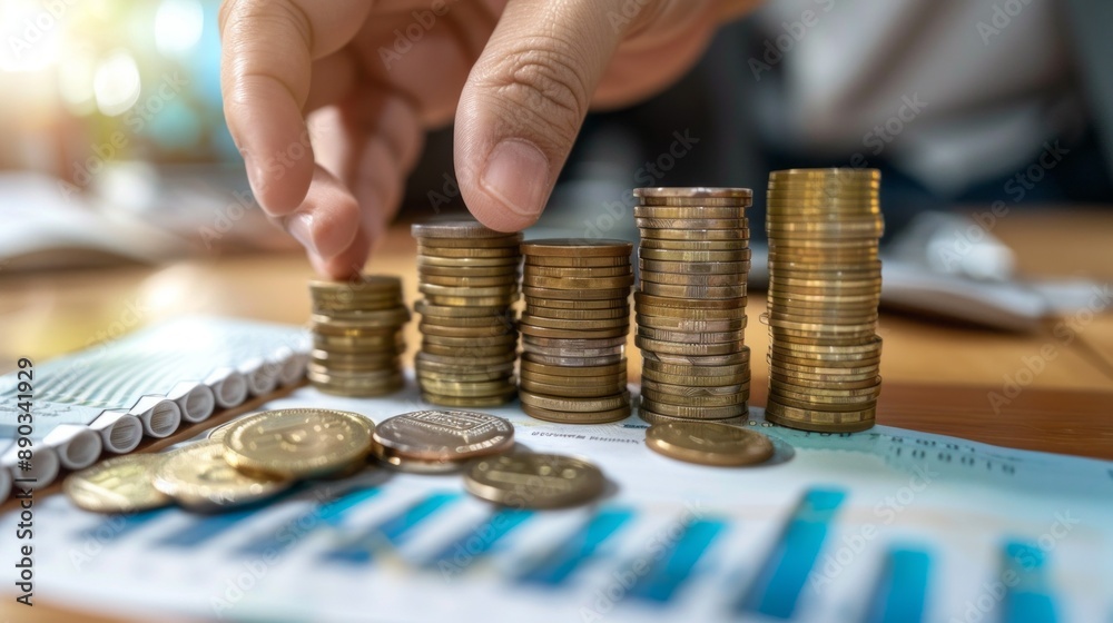 A hand is reaching for a stack of coins on a table A hand is reaching for a stack of coins on a table