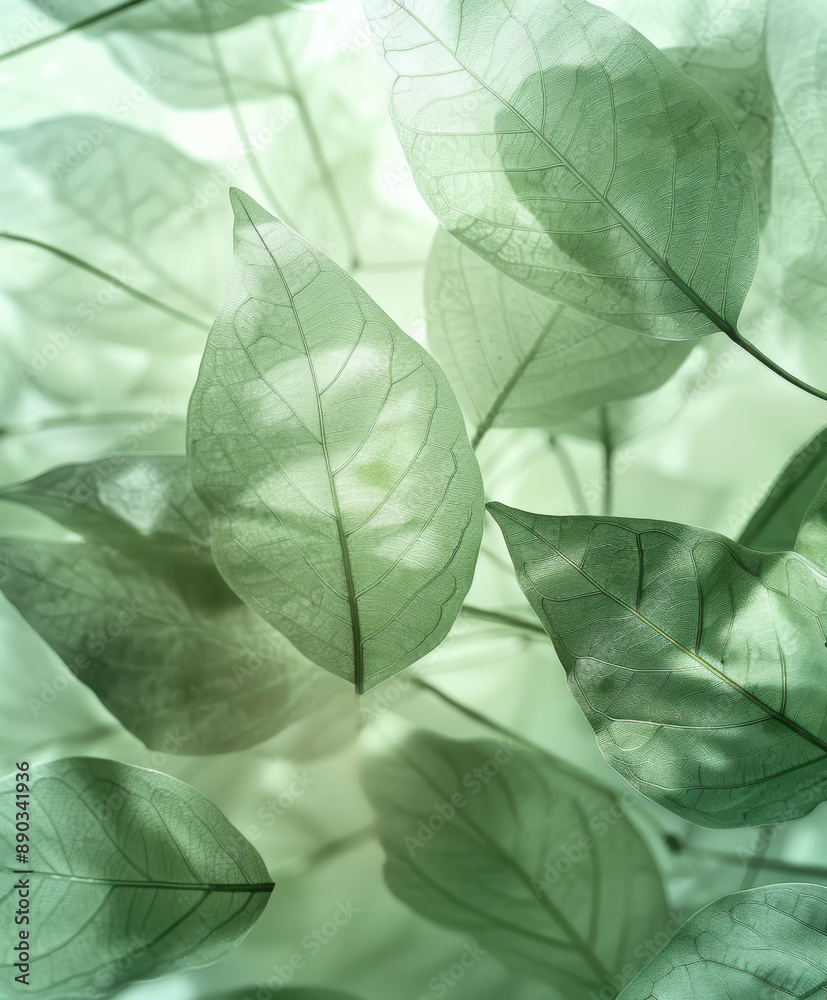 Obraz premium A beautiful background with delicate, transparent woodleaf leaves. Only green color