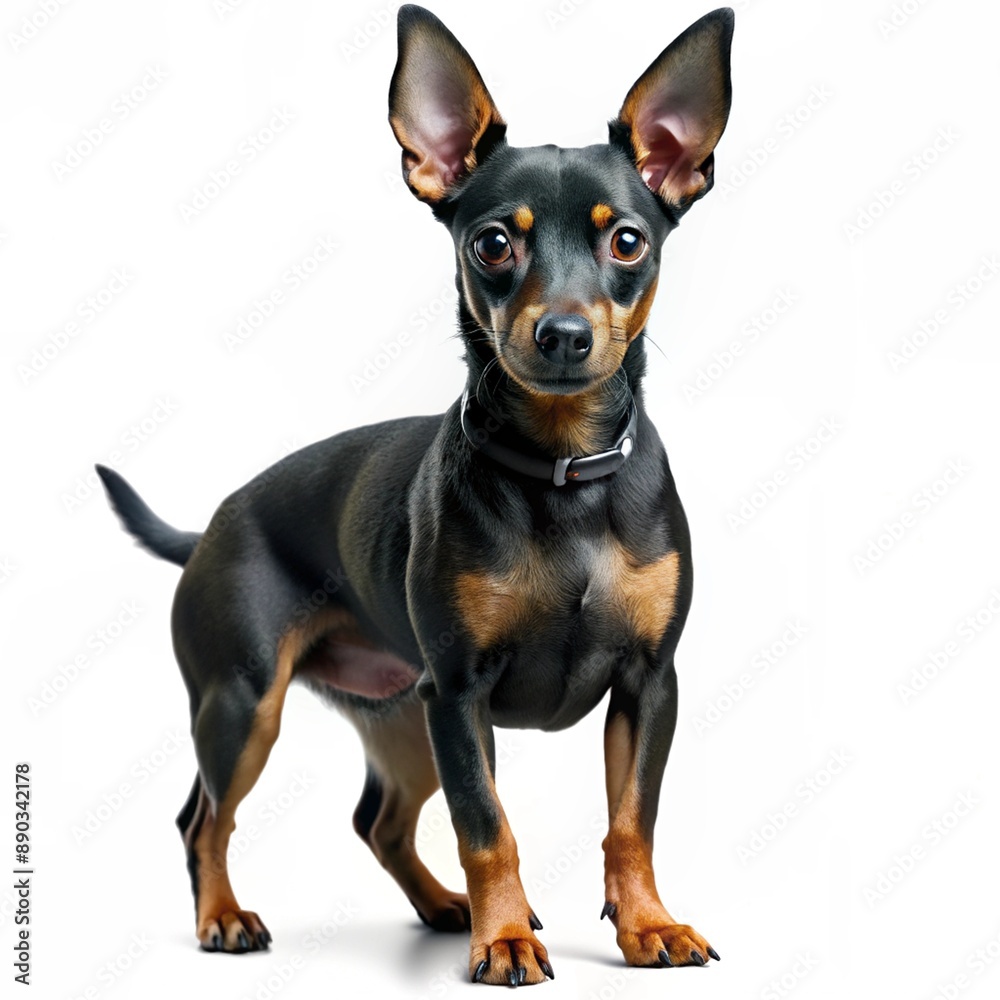 A small black dog of a dwarf pinscher on a white background A small black dog of a dwarf pinscher on a white background