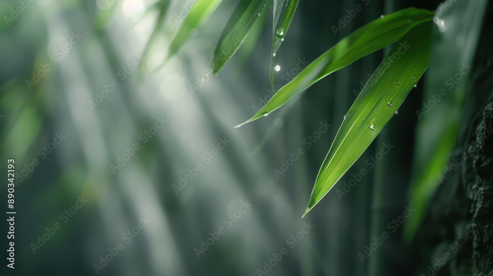 This image captures the intricate details of bamboo leaves covered in morning dew, with sunlight piercing through, emphasizing the natural beauty and serenity of the scene. This image captures the intricate details of bamboo leaves covered in morning dew, with sunlight piercing through, emphasizing the natural beauty and serenity of the scene.