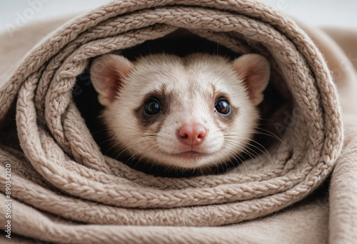  A curious ferret peeking out from a cozy blanket. 