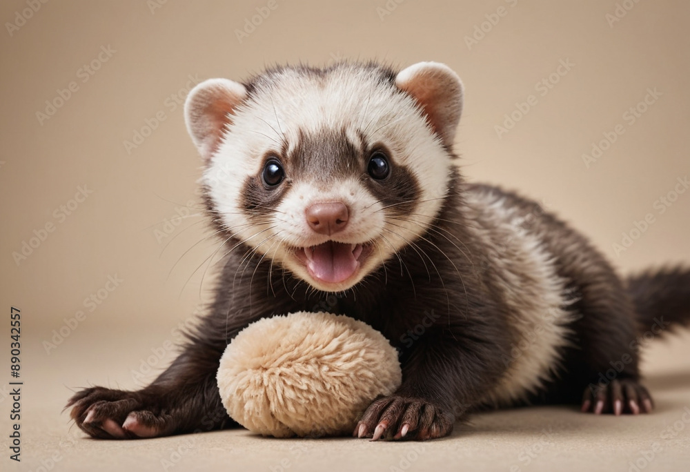 A playful ferret wrestling with a stuffed animal. A playful ferret wrestling with a stuffed animal.