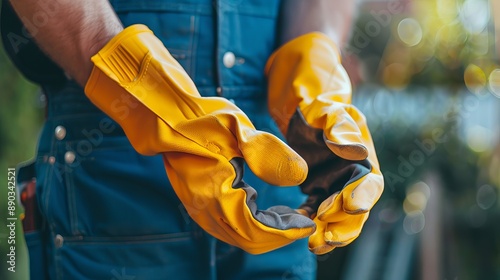 Close-up of a person wearing construction safety gloves. A Caucasian contractor getting ready for work. photo