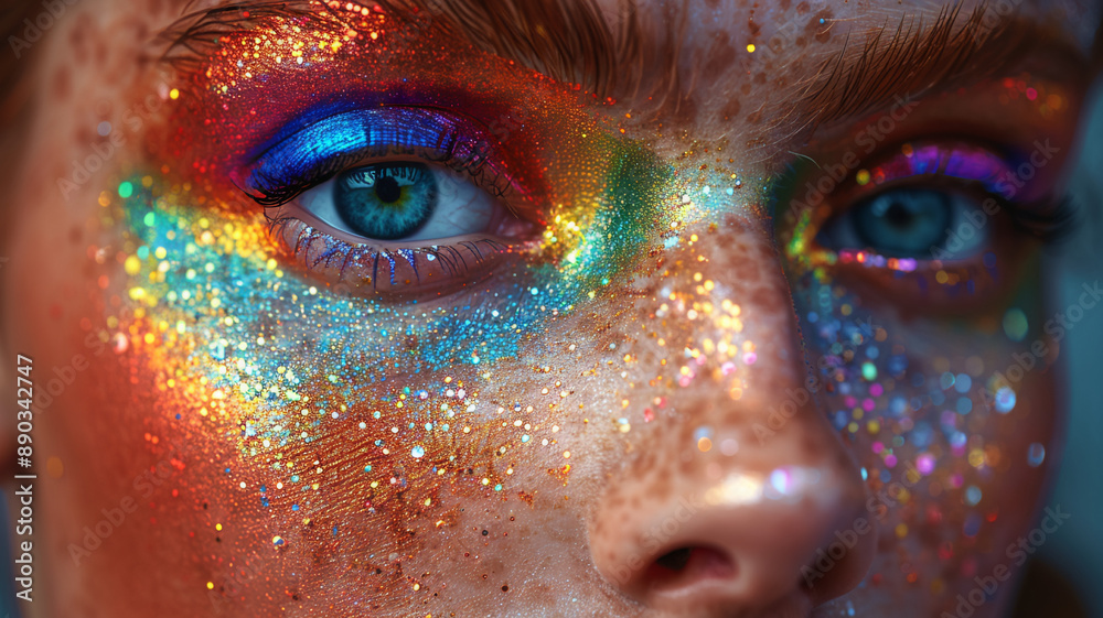 Close-up of the model's face, painted with shadows of different colors