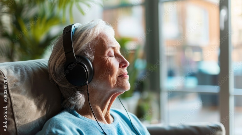 A woman wearing headphones is sitting on a couch A woman wearing headphones is sitting on a couch
