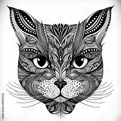 cat in zentangle style illustration. Black and white