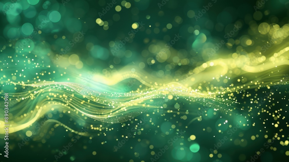 Golden and Green Particle Background with Light Green Waves and Glowing Bokeh Golden and Green Particle Background with Light Green Waves and Glowing Bokeh