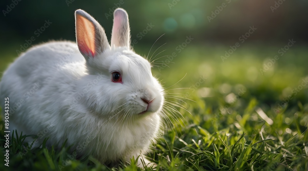 A beautiful white rabbit is sitting in the grass with the red eyes. A beautiful white rabbit is sitting in the grass with the red eyes.