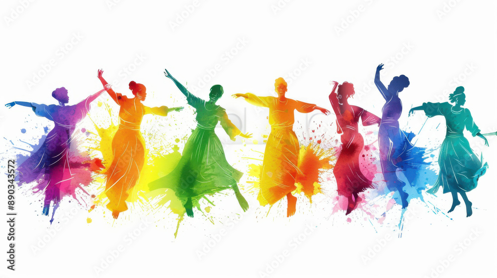 Vibrant illustration of women dancing, showcasing various poses in colorful silhouettes on a white background. Vibrant illustration of women dancing, showcasing various poses in colorful silhouettes on a white background.