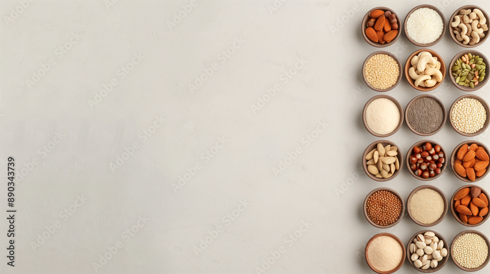 Various nuts and seeds in wooden bowls arranged in a vertical row on a plain background. Nutritious and healthy food selection. Various nuts and seeds in wooden bowls arranged in a vertical row on a plain background. Nutritious and healthy food selection.