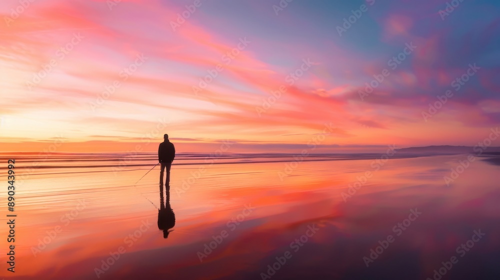 Man fishing at sunrise on a quiet beach, peaceful and reflective. Man fishing at sunrise on a quiet beach, peaceful and reflective.