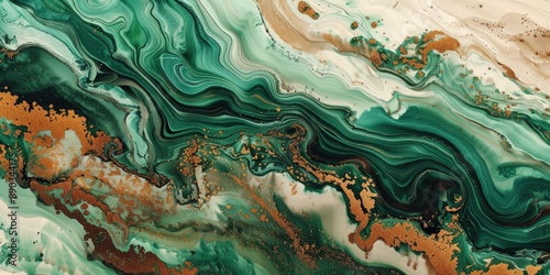 Fluid marble ink artwork with shades of green and brown, reflecting nature's palette