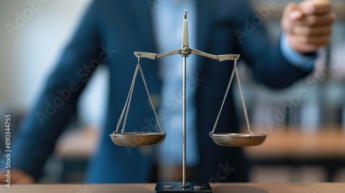 A blurred figure in a suit points towards a set of balanced scales in the foreground, symbolizing justice and law.