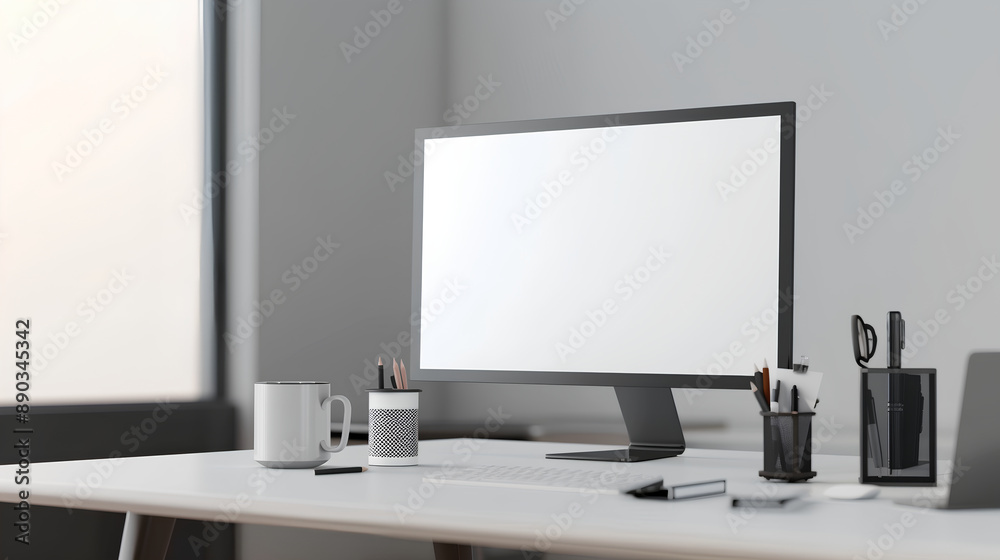 Obraz premium 3D rendering of a blank computer screen on a white desk in an office with a coffee cup and pen,