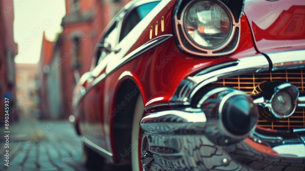 Close up of a red classic car with chrome details. Close up of a red classic car with chrome details.