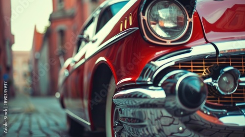 Close up of a red classic car with chrome details.