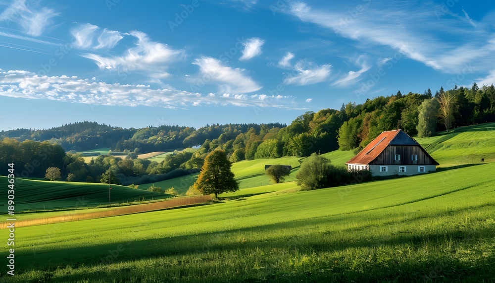 Countryside House with Rolling Hills and Blue Skies Countryside House with Rolling Hills and Blue Skies